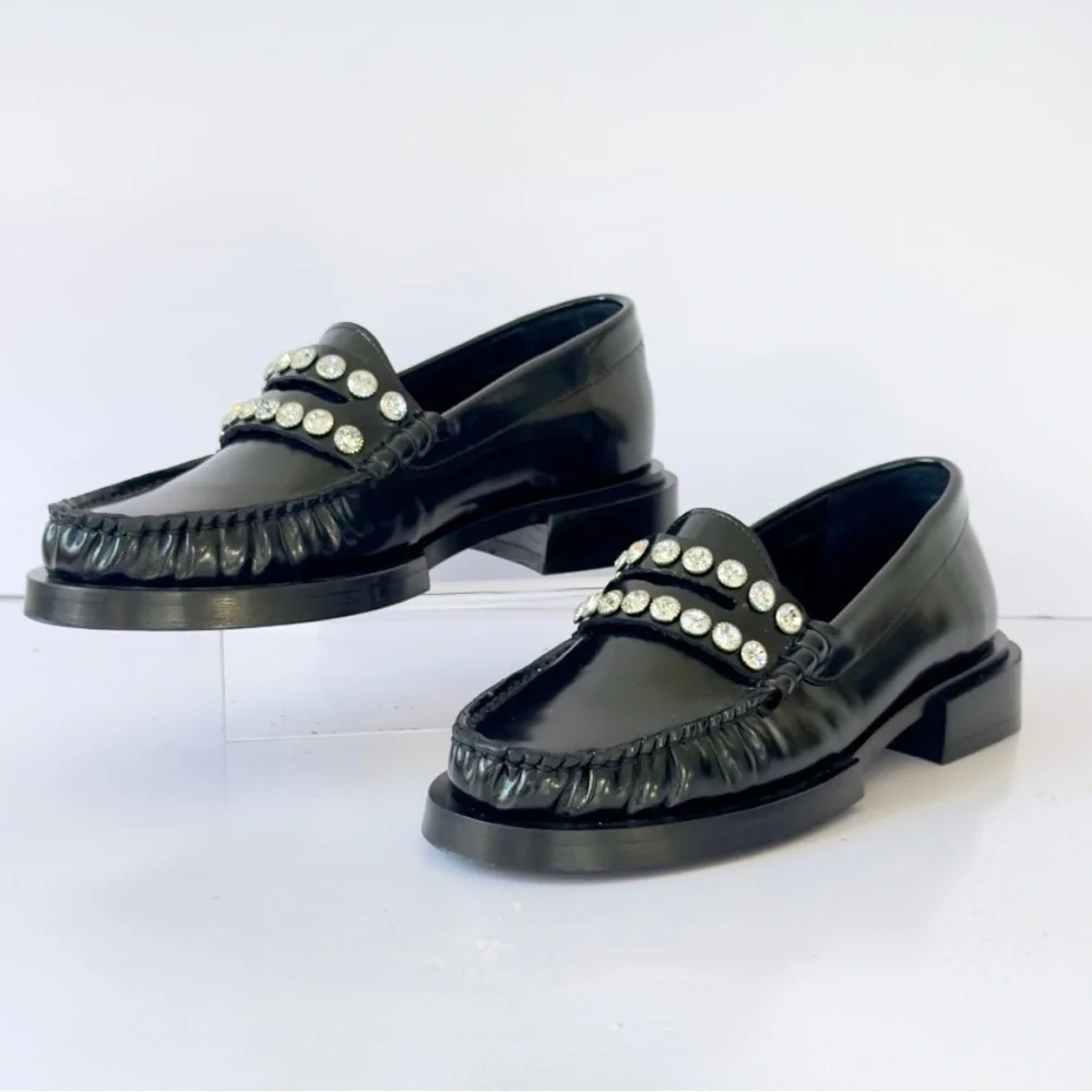 SANDRO Crystal-Embellished Patent-Leather Women’s Black Slip On Loafers Size 5